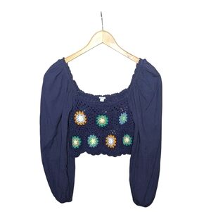 Aerie Crochet Crop Top Medium Navy Balloon Sleeve Boho Peasant Floral Hippie